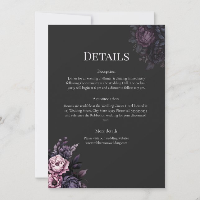 Convite Gothic Black Floral Wedding Details Card (Frente)