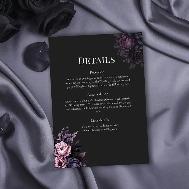 Convite Gothic Black Floral Wedding Details Card (Gothic Black Floral Wedding Details Card on a gothic wedding table with black roses)