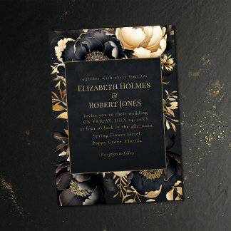 Convite Gothic Black & Gold Peony Wedding Invitation