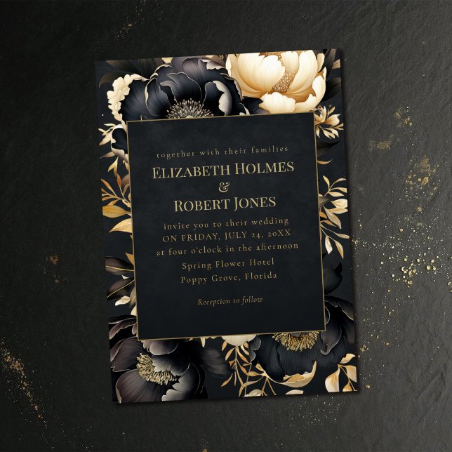 Convite Gothic Black & Gold Peony Wedding Invitation (Gothic Black & Gold Peony Wedding Invitation on a dark vintage wedding table.)