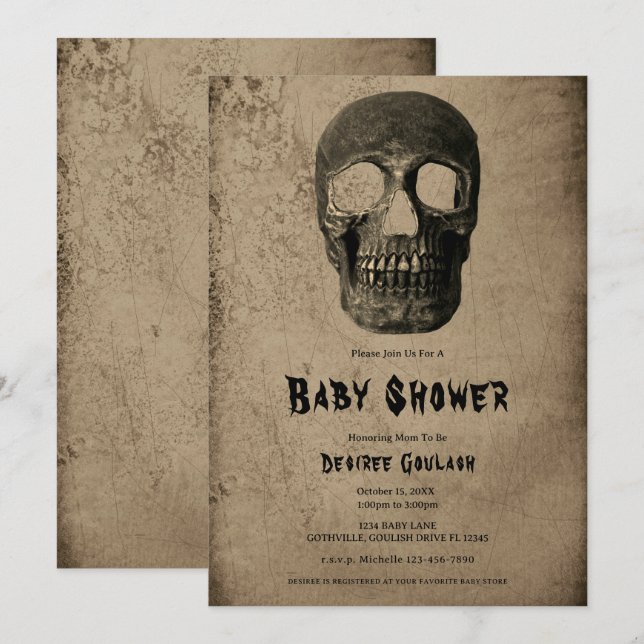 Convite Gothic Black Skull Antique Baby Shower Invitation (Frente/Verso)