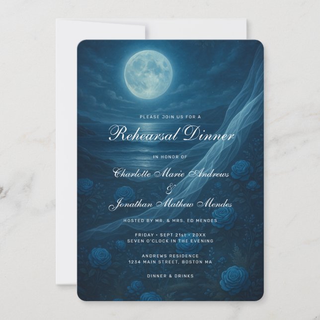 Convite Gothic Blue Beach Moon Skeleton Rehearsal Dinner (Frente)