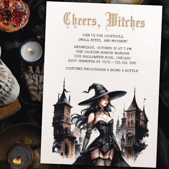Convite Gothic Cheers Bruxas Adultas Meninas Noite de Hall (Gothic Cheers Witches Adult Girls Night Halloween Invitation)