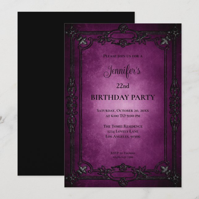 Convite Gothic Dark Purple Birthday Invitation (Frente/Verso)