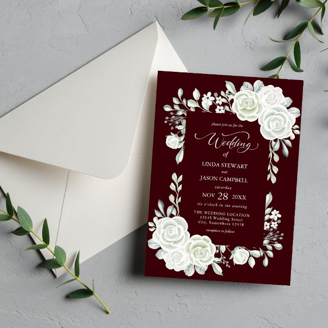 Convite Gothic Deep Burgundy Tropical Roses Wedding (Criador carregado)