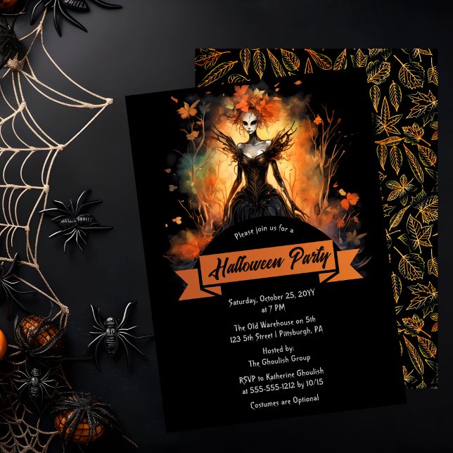 Convite Gothic Eerie Faerie | Festa do Dia das Bruxas (Gothic Eerie Faerie and Leaves Halloween Party Invitation)