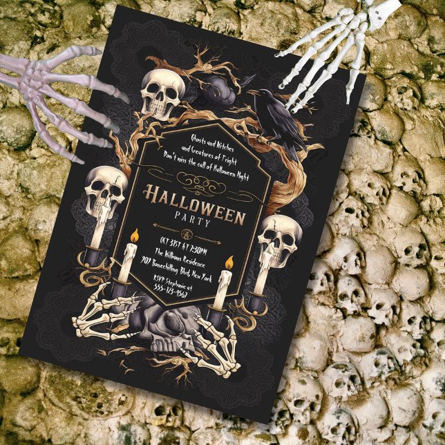 Convite Gothic Elegance Skulls Raven Halloween Party (Gothic Halloween Party Invitation)