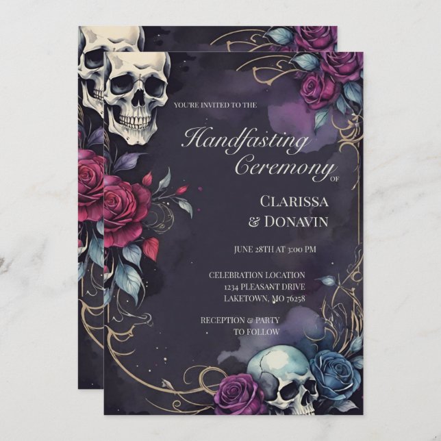 Convite Gothic Elegant Skull & Rose Handfasting (Frente/Verso)