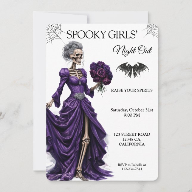 Convite Gothic Esqueleto Halloween Noite das Meninas Roxo  (Frente)
