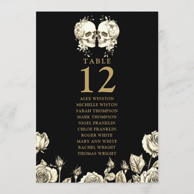 Convite Gothic Floral Skulls Table Number Seating Chart (Frente)