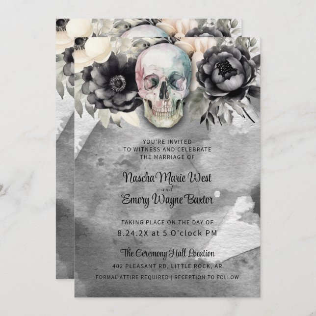 Convite Gothic Peony & Skull Black Floral Wedding (Frente/Verso)