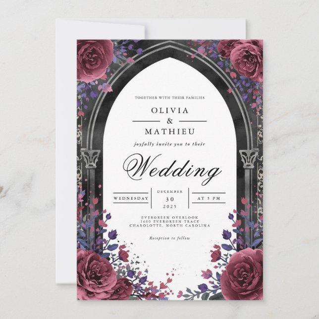 Convite Gothic Plum Arch Floral Wedding (Frente)