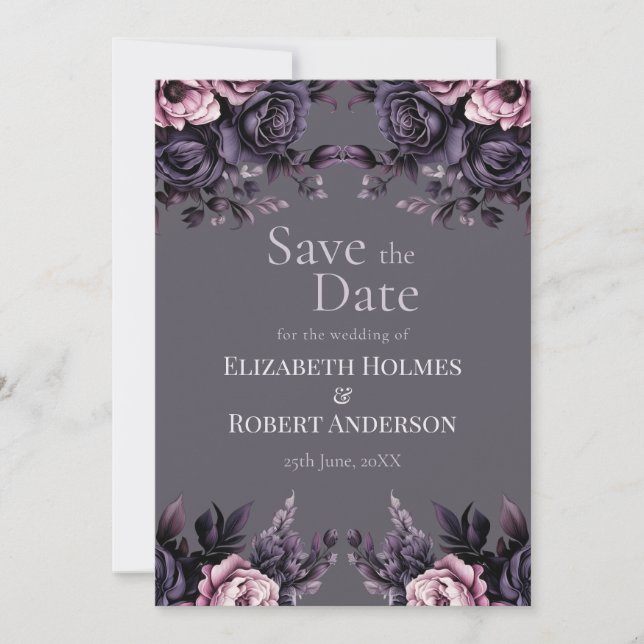 Convite Gothic Plum Floral Save the Date (Frente)