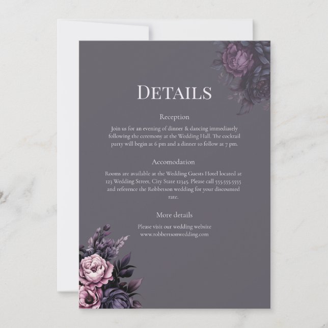 Convite Gothic Plum Floral Wedding Details Card (Frente)