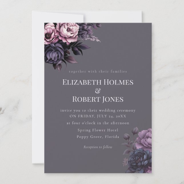 Convite Gothic Plum Floral Wedding Invitation (Frente)