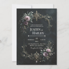 Convite Gothic Purple Rose Gold Filigree Wedding
