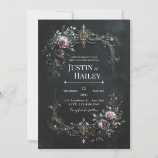 Convite Gothic Purple Rose Gold Filigree Wedding