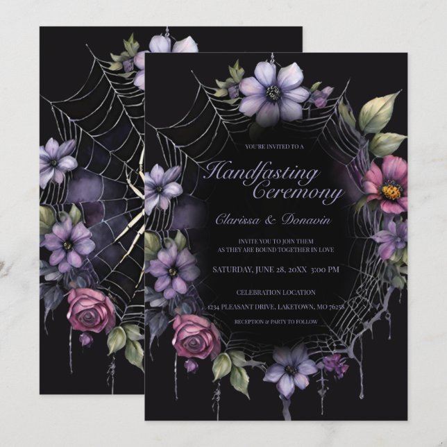 Convite Gothic Purple Spider Floral Web Handfasting (Frente/Verso)
