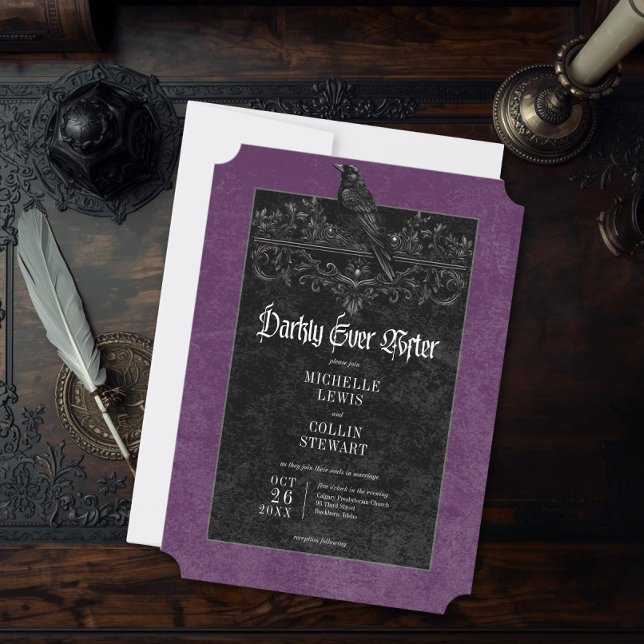 Convite Gothic Raven Purple Darkly Ever After Wedding (Criador carregado)