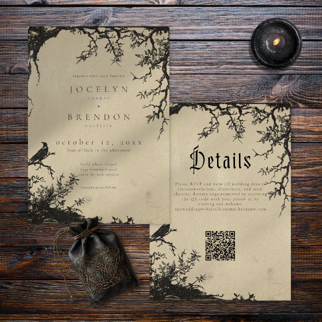 Convite Gothic Raven Tree Engraving Black Tan Wedding (Criador carregado)