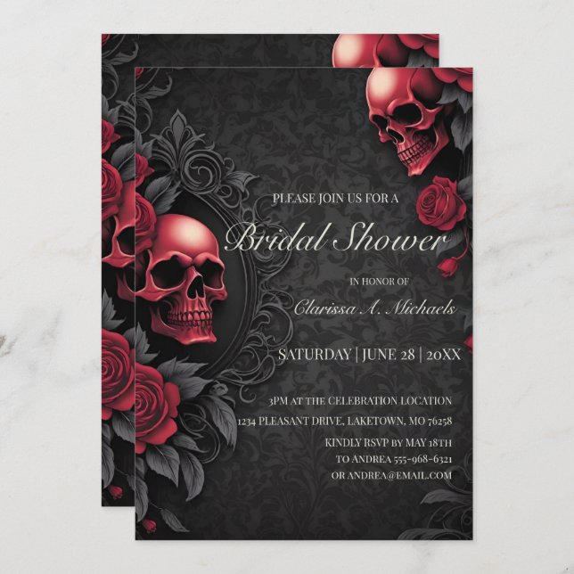 Convite Gothic Red & Black Skull & Rose Bridal Shower (Frente/Verso)