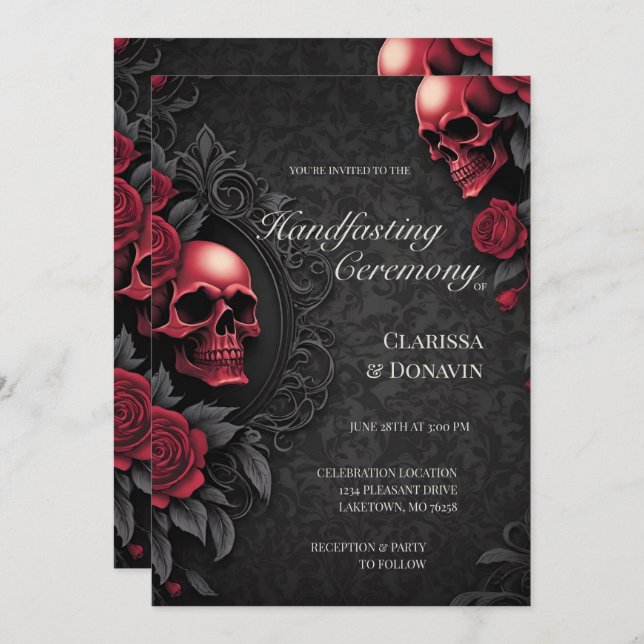 Convite Gothic Red & Black Skull & Rose Damask Handfasting (Frente/Verso)