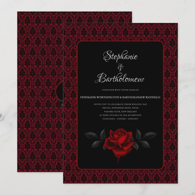 Convite Gothic Red Damask Rose Wedding (Frente/Verso)