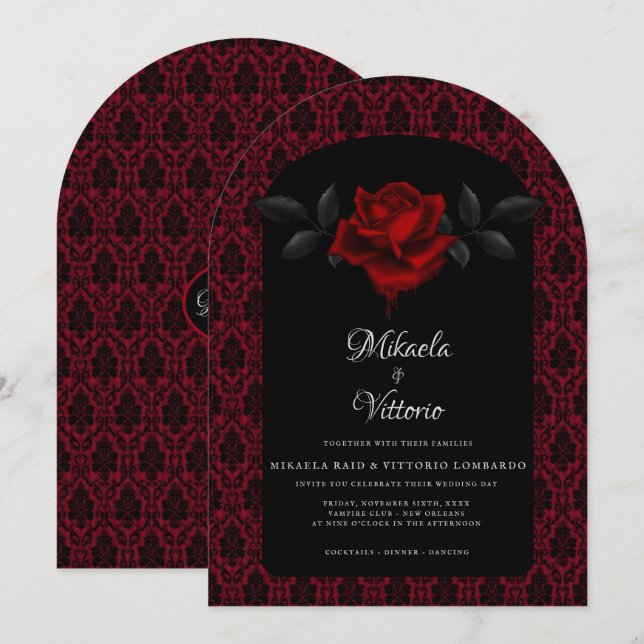 Convite Gothic Red Damask Rose Wedding (Frente/Verso)