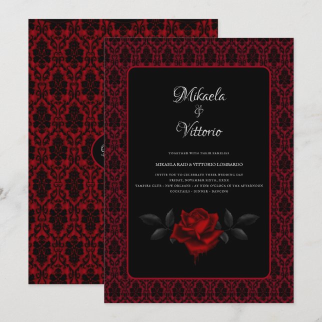 Convite Gothic Red Damask Rose Wedding (Frente/Verso)