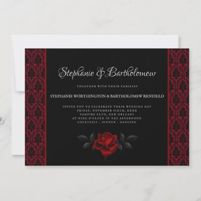 Convite Gothic Red Damask Rose Wedding Invitation (Frente)