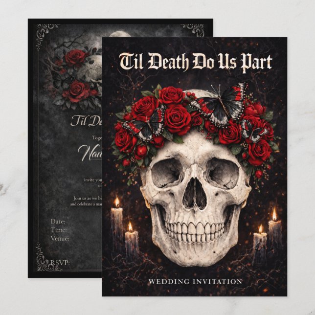 Convite Gothic Skull and Roses Wedding Invitation (Frente/Verso)