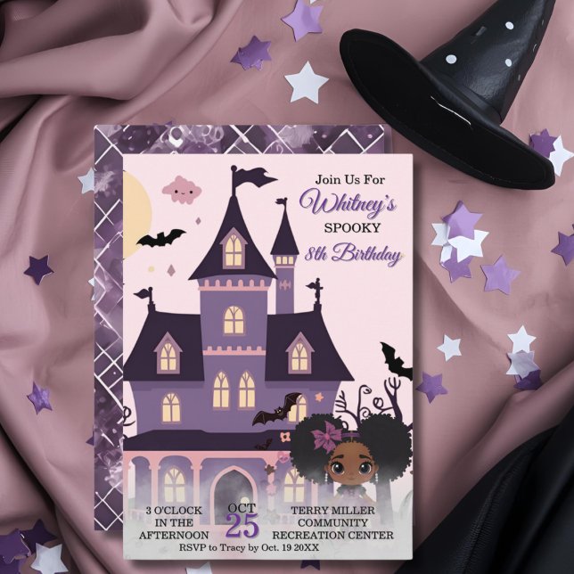 Convite Gótica Afro-Puff Bela e Bonita (Spooky Cute Purple Birthday Gothic Afro Puff Girl Invitation)