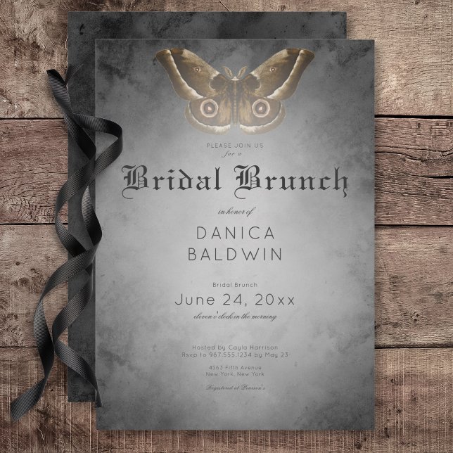 Convite Gótica Black Watercolor Brown Moth Bridal Brunch (Gothic Black Watercolor Brown Moth Bridal Brunch Invitation)