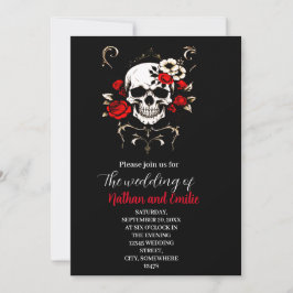 Convite Gótica Elegante Caveira Negra e Casamento Vermelho