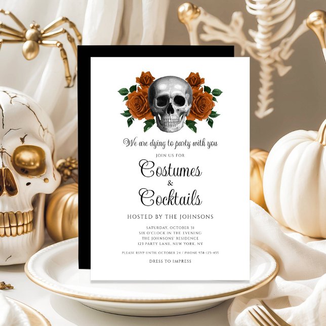 Convite Gótica Fora do Crânio e Cocktail Halloween (Gothic Floral Skull Costumes & Cocktail Halloween Invitation)