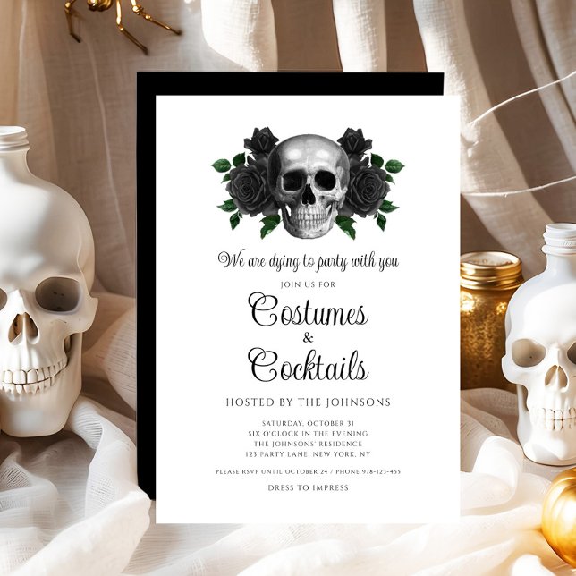 Convite Gótica Fora do Crânio e Cocktail Halloween (Gothic Floral Skull Costumes & Cocktail Halloween Invitation)
