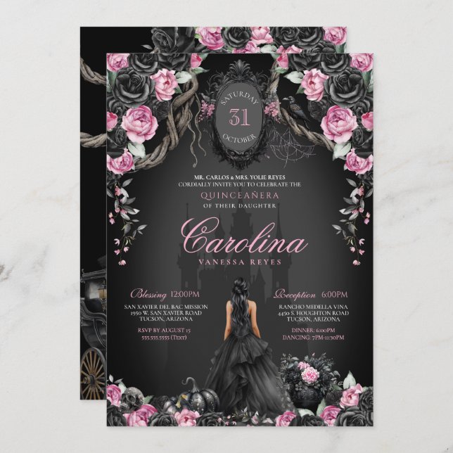 Convite Gótica Halloween Princesa Rosa Negra Quinceañera (Frente/Verso)