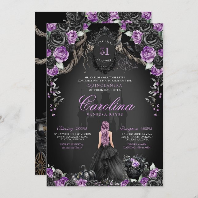 Convite Gótica Halloween Purple Black Princess Quinceanera (Frente/Verso)