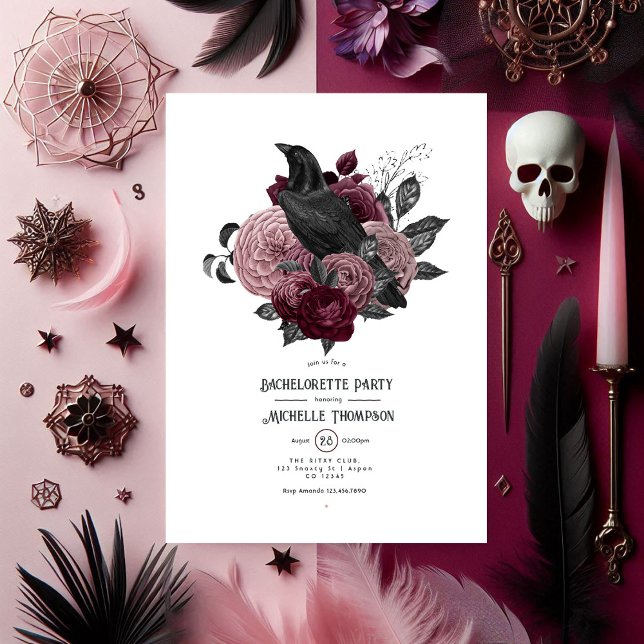Convite Gótica Raven e Festa de solteira Floral Escura (Gothic Raven and Dark Floral Bachelorette Party Invitation)