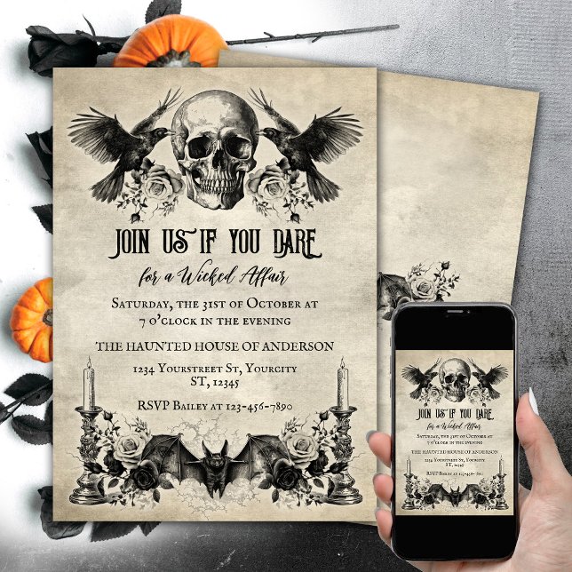 Convite Gótica rosa (Gothic Halloween invitaion, skull, ravens, bat, candles. Wicked affair.)