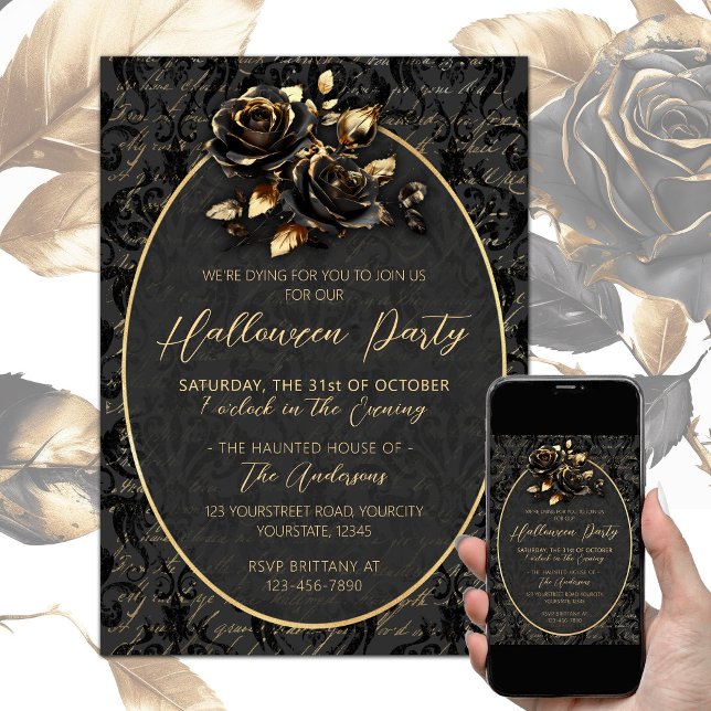 Convite Gótica rosa de ouro negro, damasco elegante Hallow (Black gold elegant gothic Halloween party invitation, damask pattern, black gold roses)
