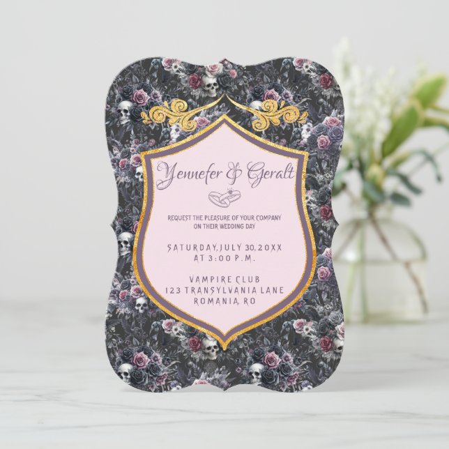 Convite Gótica Rosa Romântica Flor Moody Crânio (Em pé/Frente)