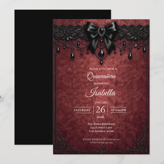Convite Gótico Arco Vermelho pérolas Quinceañera (Frente/Verso)