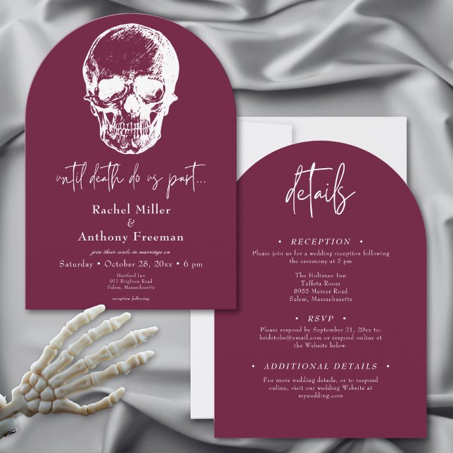 Convite Gótico até Arco do Crânio da Morte Casando Dois La (Gothic Until Death Skull Arch Wedding Two Sided Invitation)