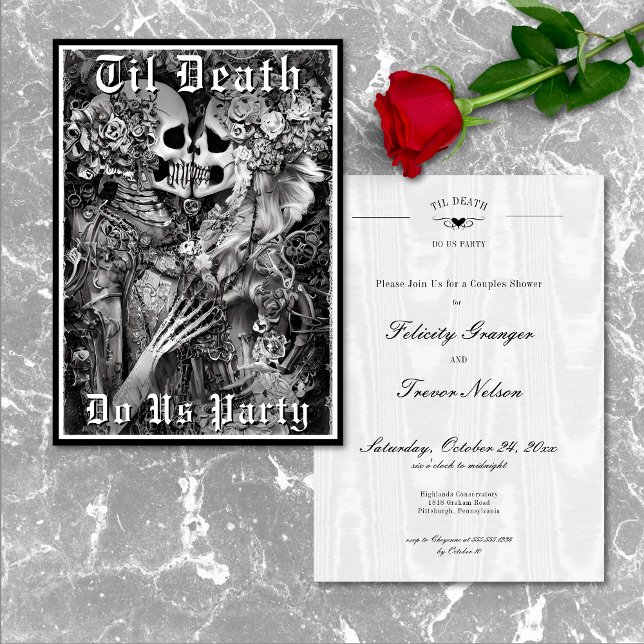 Convite Gótico Até Morte Nos Festejamos Casais De Esquelet (Goth Til Death Do Us Party Skeleton Couples Shower Invitation)