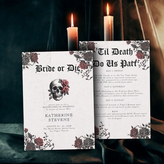 Convite Gótico Bride Die Festa de solteira Caveira Itinerá (bride or die bachelorette party invitation weekend itinerary goth skull floral roses romantic moody )