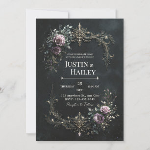 Convite Gótico Casamento com Renda em Dourado Rosa Roxo