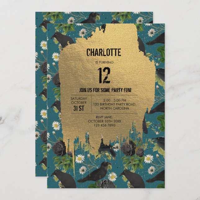 Convite Gótico Corvos e Rosas Negros Dia das Bruxas (Frente/Verso)