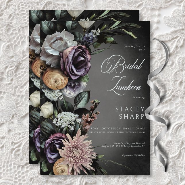 Convite Gótico Escuro Misterioso Blur Floral Muted Luncheo (Dark Gothic Mysterious Muted Floral Blur Luncheon Invitation)