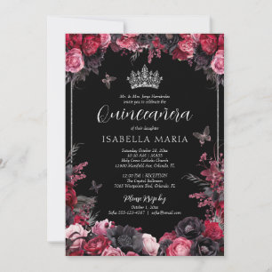 Convite Gótico Flores Vermelhas e Pretas Quinceañera Sombr